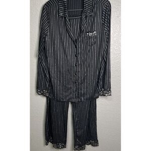 SOMA Intimates 2 Piece Pajama Set L Top Med Pants Black Silver Lace Cuffs Stripe